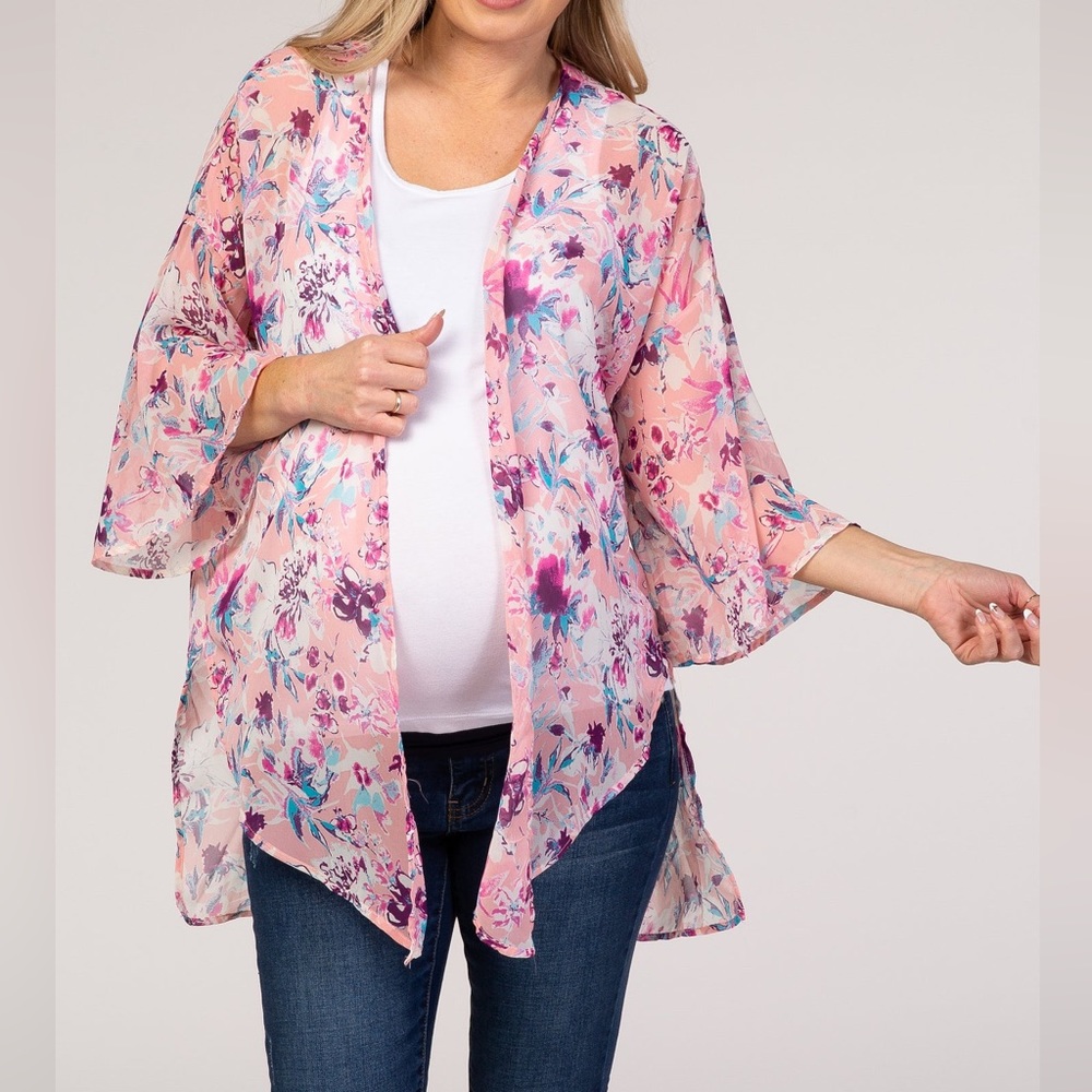 Light Pink Floral Chiffon Maternity Cover Up Kimono